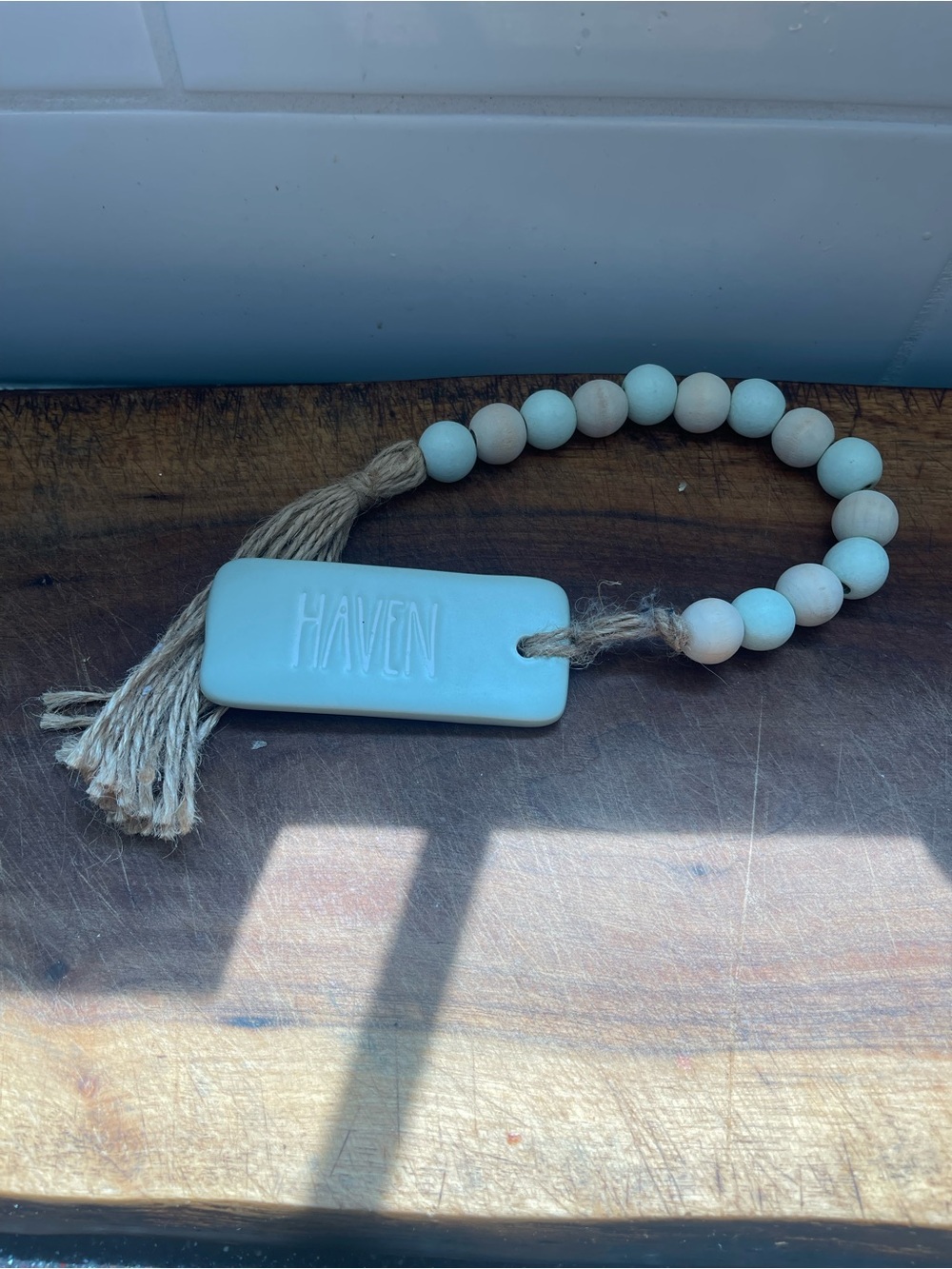 Rae Dunn Light Blue Beaded Tassel HAVEN Tag